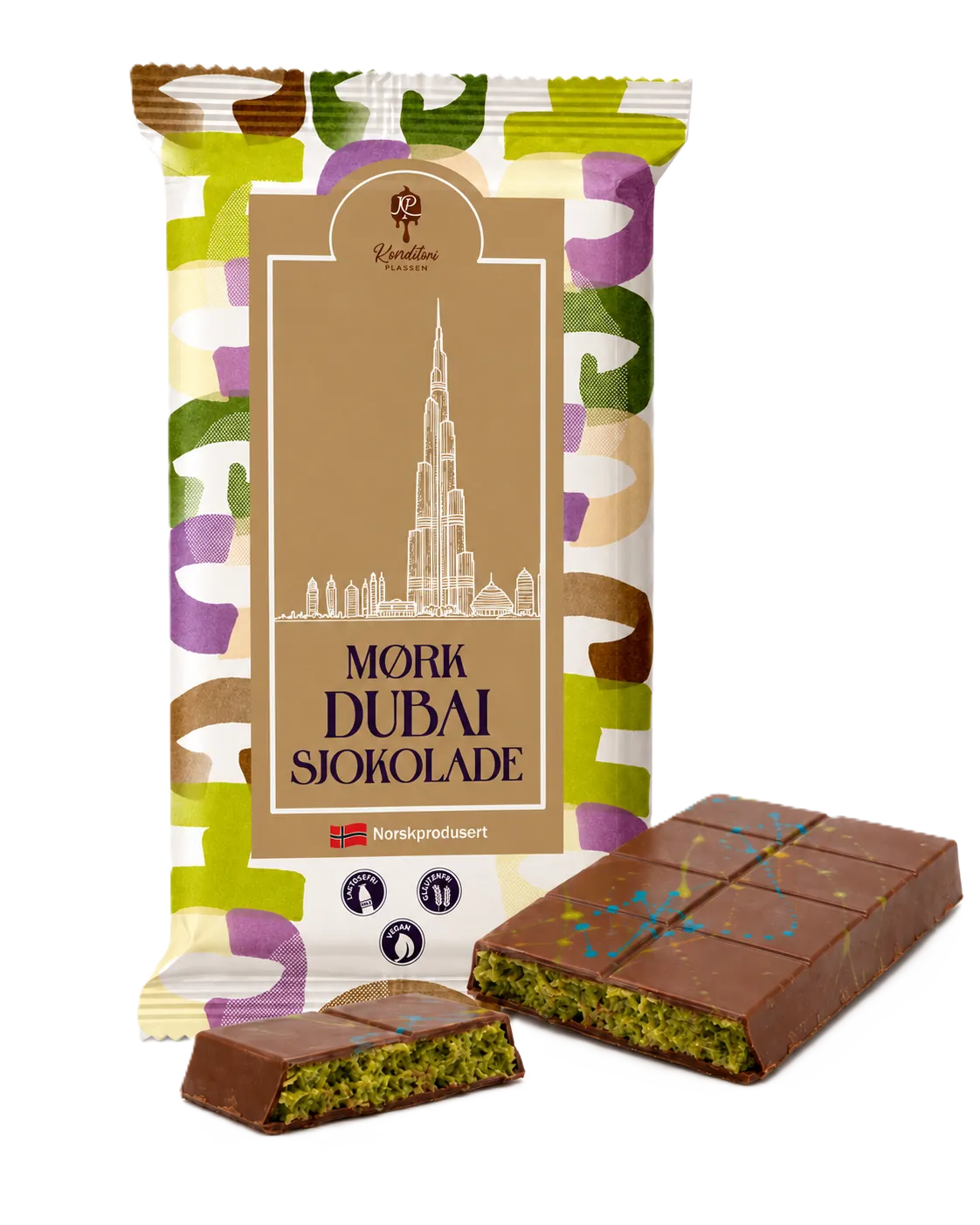 Økologisk mørk Dubaisjokolade 200 g med 70 % kakao og pistasj